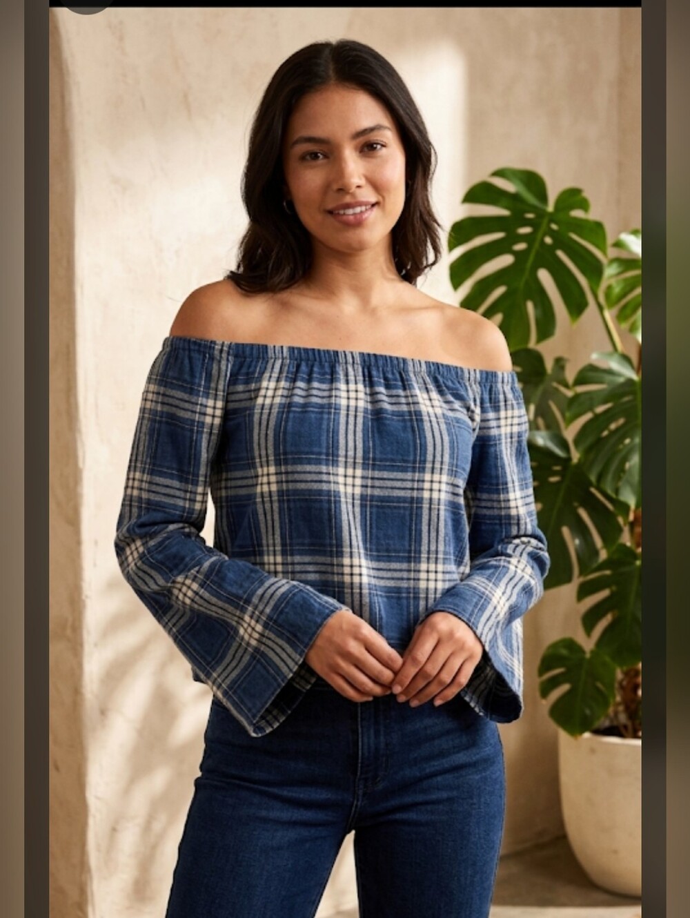 Anthropologie Cloth & Stone Plaid Off Shoulder Top Blouse S Country Cowgirl Boho